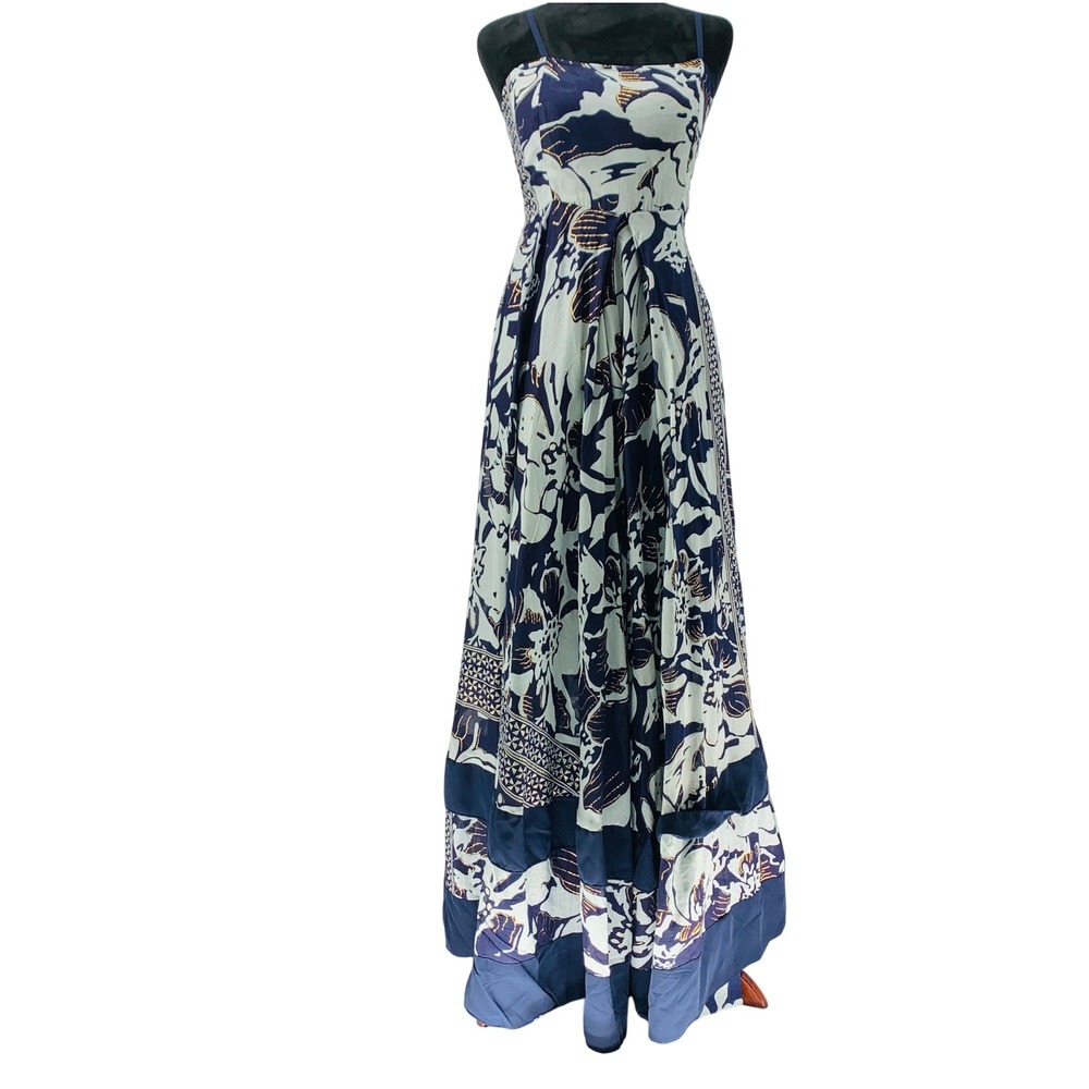 Nazila Couture size XS Floral Maxi Dress Blue White Gold Cotton Smocked Back